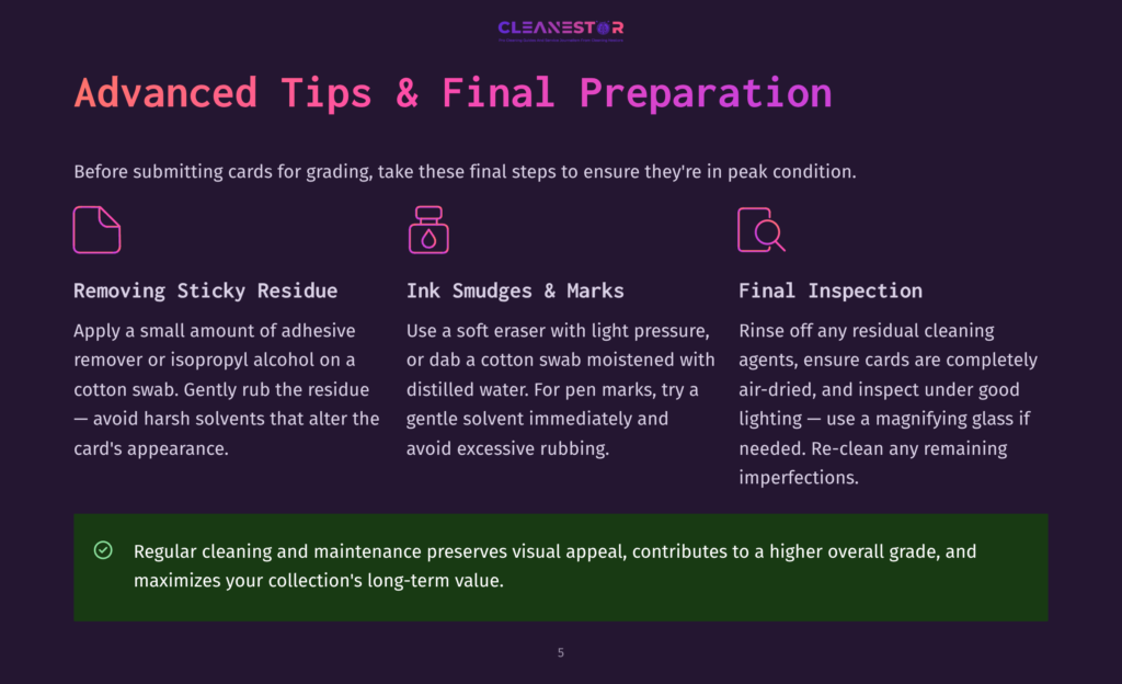 Illustration With Icons And Text For &Quot;Advanced Tips &Amp; Final Preparation&Quot; For Card Grading, Detailing How To Remove Sticky Residue, Clean Smudges, And Perform A Final Inspection.
