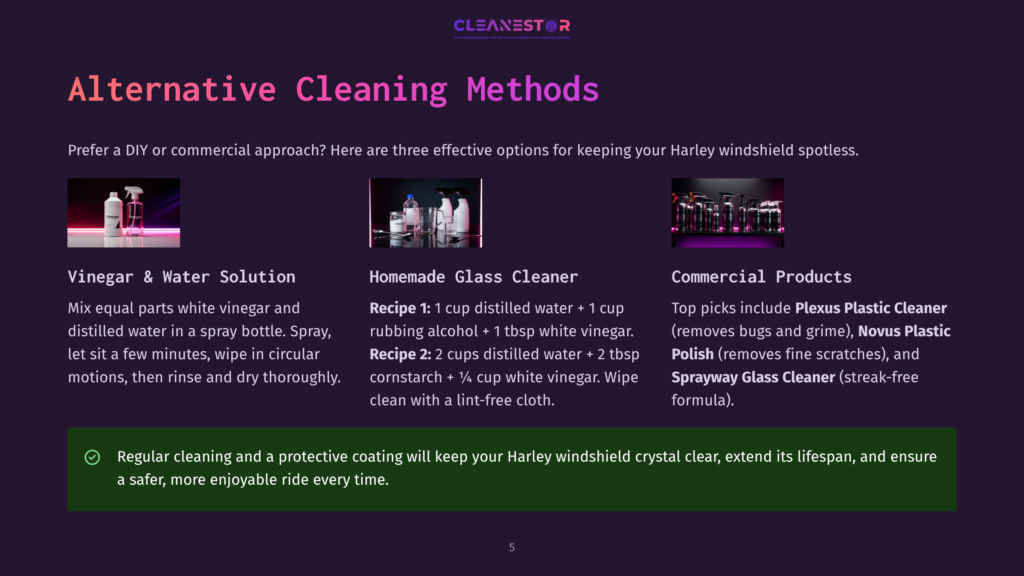 Three Images Show Different Methods For Cleaning A Harley Windshield. On The Left, A Spray Bottle Contains A Vinegar And Water Solution. In The Center, A Homemade Glass Cleaner Recipe Is Shown. On The Right, Commercial Products For Windshield Cleaning Are Displayed, Including Plexus Plastic Cleaner, Novus Plastic Polish, And Sprayway Glass Cleaner.