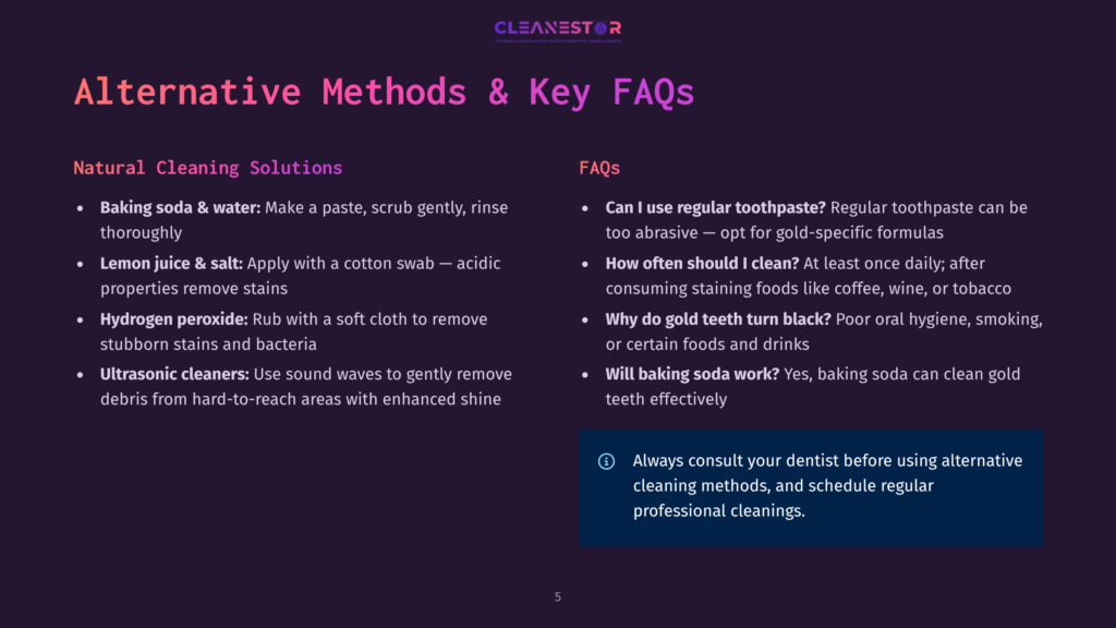 An Infographic On A Dark Background Titled &Quot;Alternative Methods &Amp; Key Faqs&Quot; Provides Natural Cleaning Solutions Such As Baking Soda And Water, Lemon Juice And Salt, And Hydrogen Peroxide For Cleaning Teeth, Along With Faqs About Using These Methods.