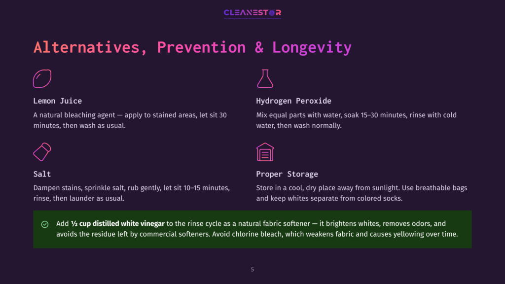 Infographic Detailing Alternatives, Prevention, And Longevity For Cleaning White Socks, Featuring Icons For Lemon Juice, Hydrogen Peroxide, Salt, And Proper Storage, With A Tip To Add Distilled White Vinegar To The Rinse Cycle.