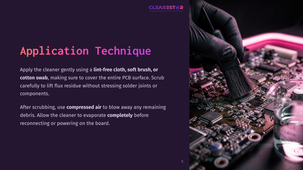 Close-Up Of A Gloved Hand Using A Soft Brush To Clean A Complex Electronic Circuit Board, With The Text &Quot;Cleanestor&Quot; Visible.