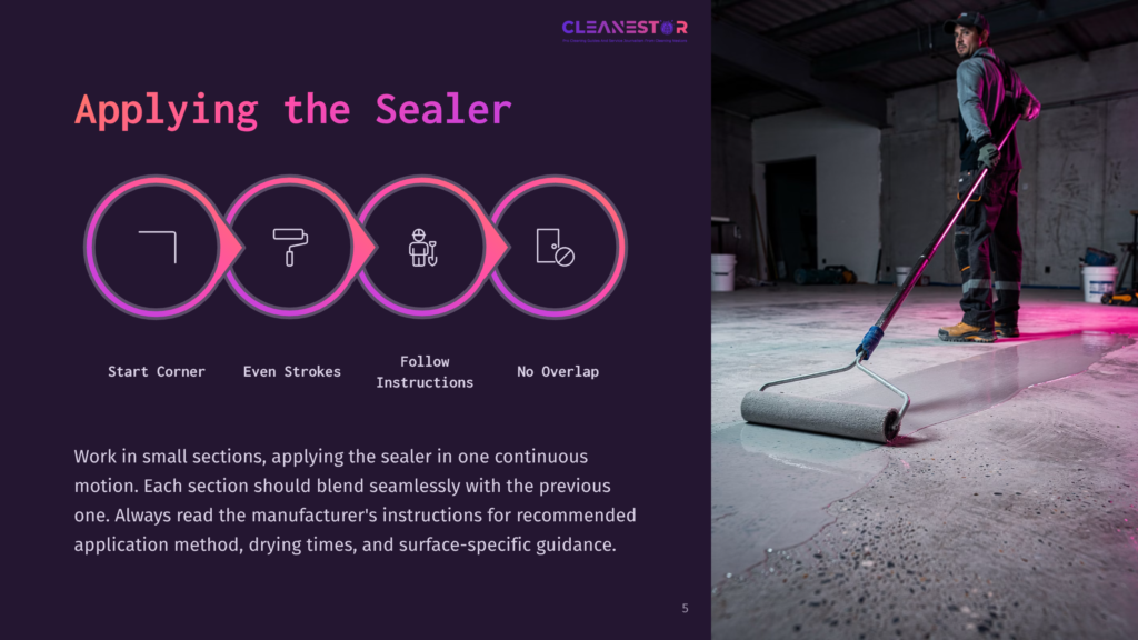 Diagram Showing The Four Steps Of Applying Concrete Sealer: Start Corner, Even Strokes, Follow Instructions, And No Overlap. Text &Quot;Applying The Sealer&Quot; And &Quot;Cleanestar&Quot; Visible.