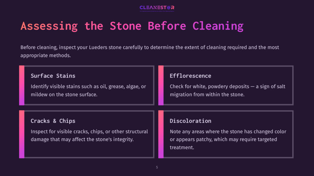 5 Assessing The Stone Before Cleaning A Dark Purple Presentation Slide Titled &Quot;Assessing The Stone Before Cleaning&Quot; With Four Sections: Surface Stains, Efflorescence, Cracks &Amp; Chips, And Discoloration, Detailing Common Stone Issues.