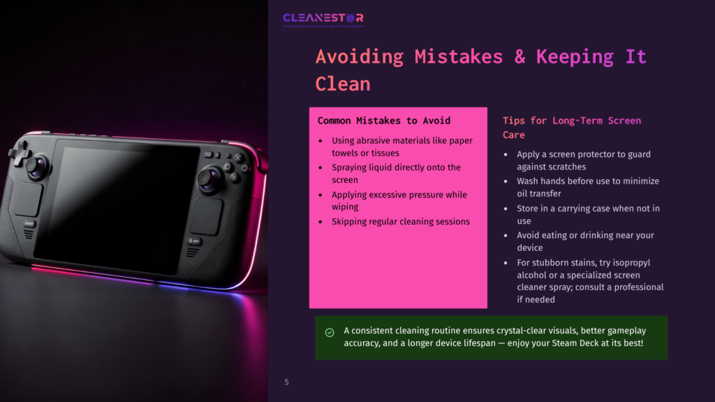 A Black Steam Deck Gaming Device With Glowing Neon Blue And Pink Accents Sits On A Dark Surface. Text On The Right Reads: &Quot;Cleanestor,&Quot; &Quot;Avoiding Mistakes &Amp; Keeping It Clean,&Quot; And &Quot;Common Mistakes To Avoid.