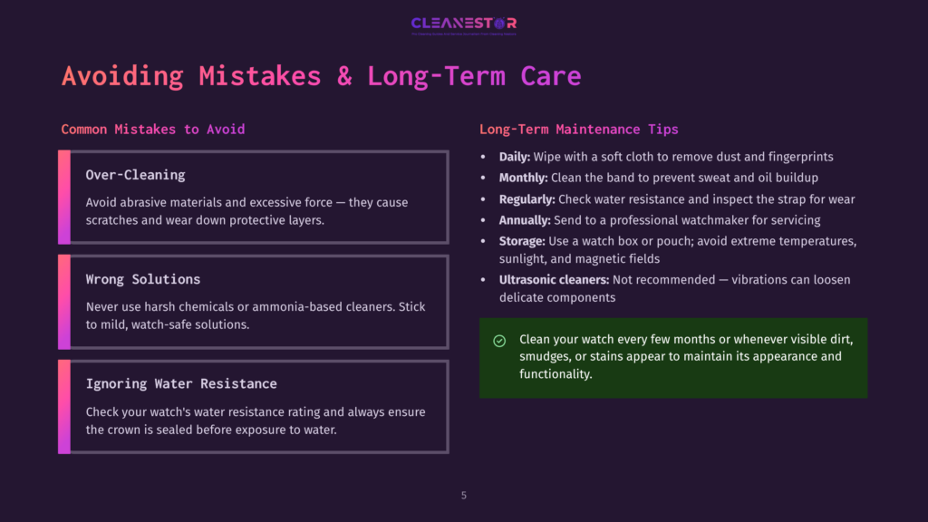 A Dark Purple Graphic Titled &Quot;Avoiding Mistakes &Amp; Long-Term Care&Quot; With Sections On &Quot;Common Mistakes To Avoid&Quot; (Over-Cleaning, Wrong Solutions, Ignoring Water Resistance) And &Quot;Long-Term Maintenance Tips&Quot; (Daily, Monthly, Regularly, Annually, Storage, Ultrasonic Cleaners).