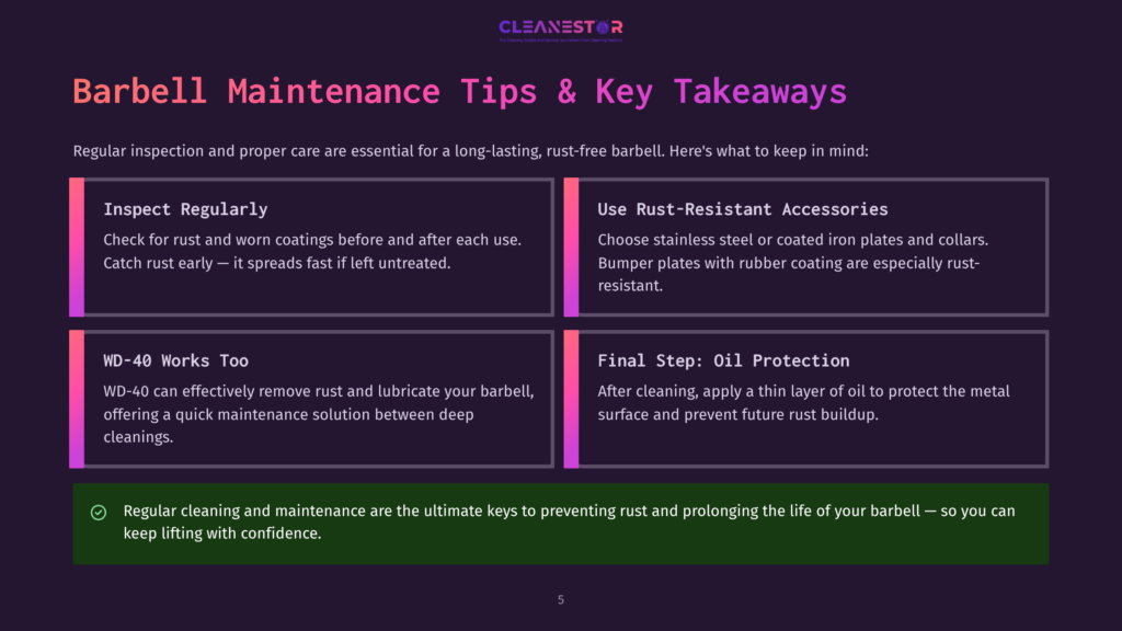 Infographic On Barbell Maintenance Tips, Featuring Four Sections: &Quot;Inspect Regularly,&Quot; &Quot;Use Rust-Resistant Accessories,&Quot; &Quot;Wd-40 Works Too,&Quot; And &Quot;Final Step: Oil Protection,&Quot; With A Green Checkmark And Text About Regular Cleaning.