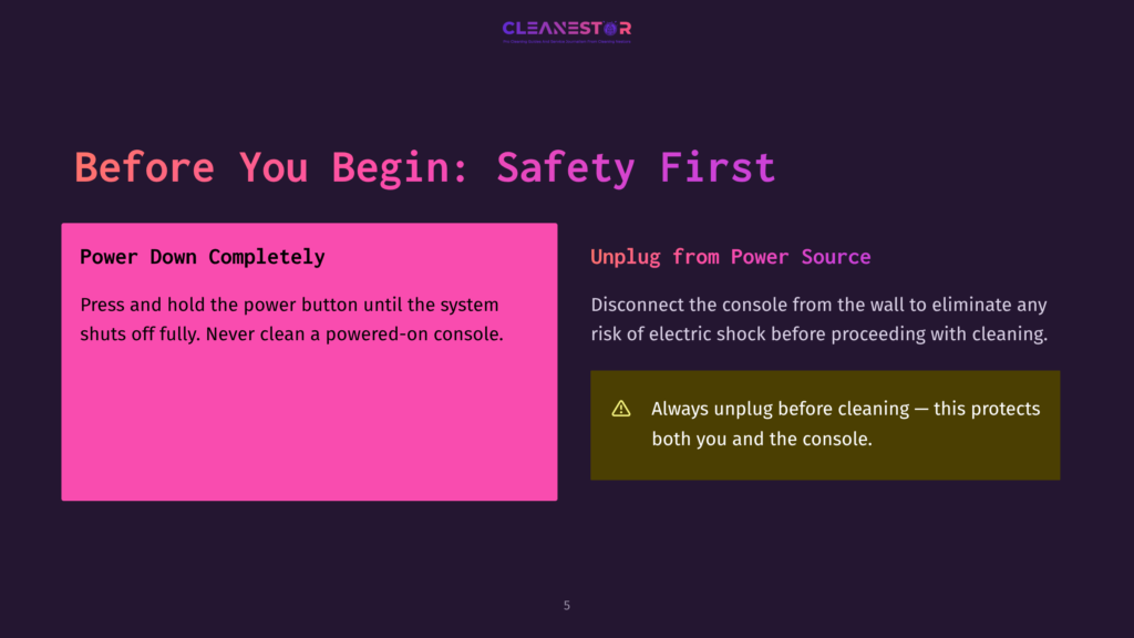 Dark Purple Background With A Pink Rectangle On The Left And A Dark Yellow Rectangle On The Right. Text On The Pink Side Reads: &Quot;Power Down Completely. Press And Hold The Power Button Until The System Shuts Off Fully. Never Clean A Powered-On Console.&Quot; Text On The Yellow Side Reads: &Quot;Unplug From Power Source. Disconnect The Console From The Wall To Eliminate Any Risk Of Electric Shock Before Proceeding With Cleaning. Always Unplug Before Cleaning – This Protects Both You And The Console.