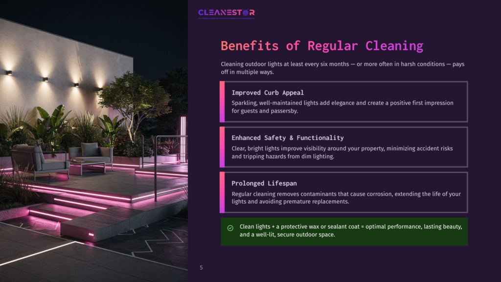 Modern Outdoor Patio At Night With Glowing Pink Led Lights Illuminating Steps And Seating Area. Wall-Mounted Lights Provide Accent Lighting. The Cleanestor Logo Is Visible In The Top Left.