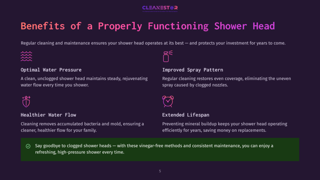 5 Benefits Of A Properly Functioning Shower Head Infographic Detailing The Benefits Of A Properly Functioning Shower Head, Including Optimal Water Pressure, Improved Spray Pattern, Healthier Water Flow, And Extended Lifespan. The Text Highlights Regular Cleaning And Maintenance To Prevent Clogged Nozzles.