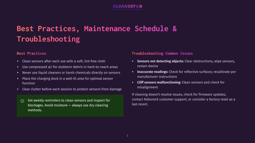 Cleanestor Logo And Text: &Quot;Best Practices, Maintenance Schedule &Amp; Troubleshooting.&Quot; Slide Includes Bulleted Lists For &Quot;Best Practices&Quot; And &Quot;Troubleshooting Common Issues.