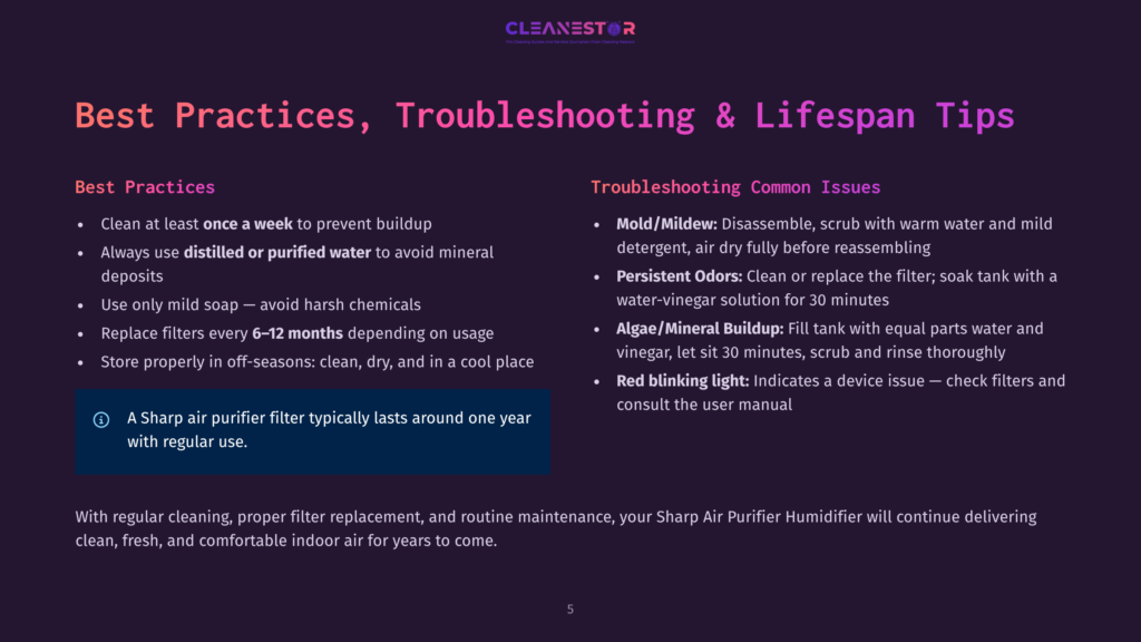Dark Purple Background With White Text Detailing Best Practices For Humidifier Maintenance, Troubleshooting Tips Like Mold/Mildew Removal, And Filter Lifespan.