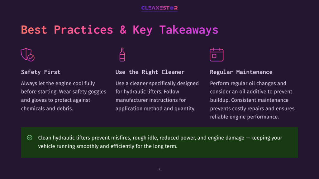 A Dark Webpage Titled &Quot;Best Practices &Amp; Key Takeaways&Quot; Featuring Three Icons: A Shield For Safety, A Bottle For The Right Cleaner, And A Calendar For Regular Maintenance. Text Highlights The Importance Of Engine Cooling, Using The Right Cleaner, And Regular Oil Changes To Prevent Costly Repairs And Ensure Reliable Engine Performance.