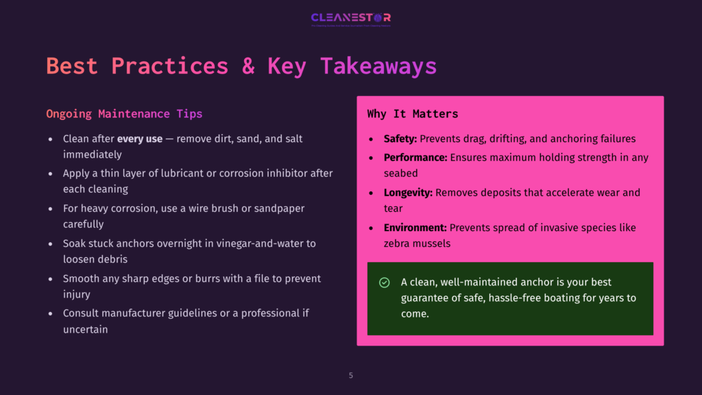 Cleannestor Presentation Slide: Best Practices &Amp; Key Takeaways For Anchor Maintenance. Left Side Details Cleaning Steps. Right Side Lists Safety, Performance, And Longevity Benefits.
