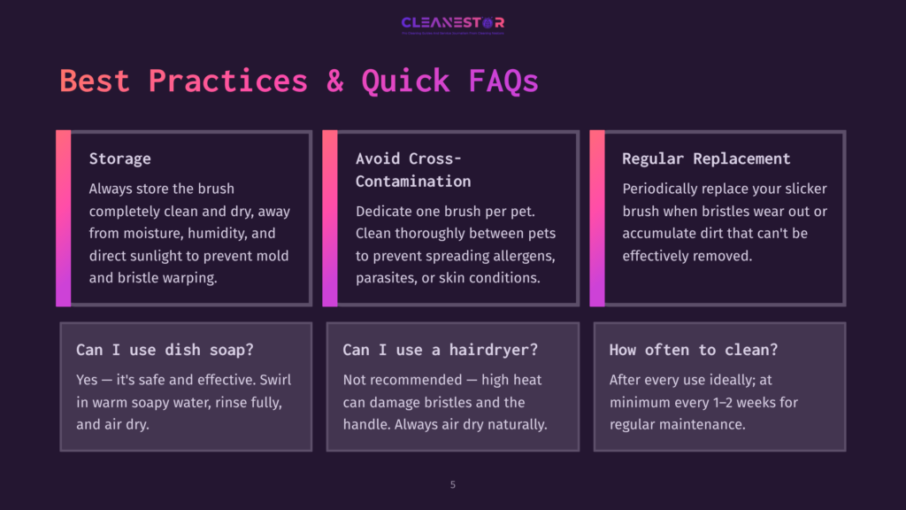 5 Best Practices And Quick Faqs Infographic With Three Columns Detailing Cleaning Brush Best Practices: Storage, Avoiding Cross-Contamination, And Regular Replacement. Below Are Faqs About Dish Soap, Hair Dryers, And Cleaning Frequency.