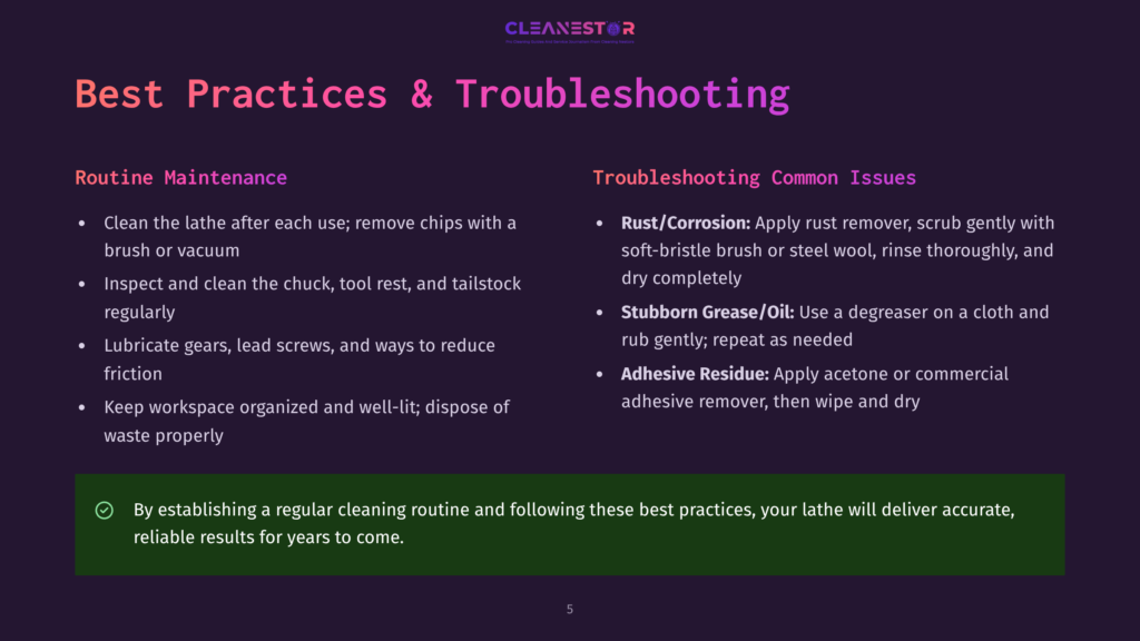 Cleanestor Logo Above &Quot;Best Practices &Amp; Troubleshooting&Quot; Title. Left Column Lists &Quot;Routine Maintenance&Quot; Tips, Right Column Lists &Quot;Troubleshooting Common Issues&Quot; Like Rust/Corrosion And Stubborn Grease/Oil.
