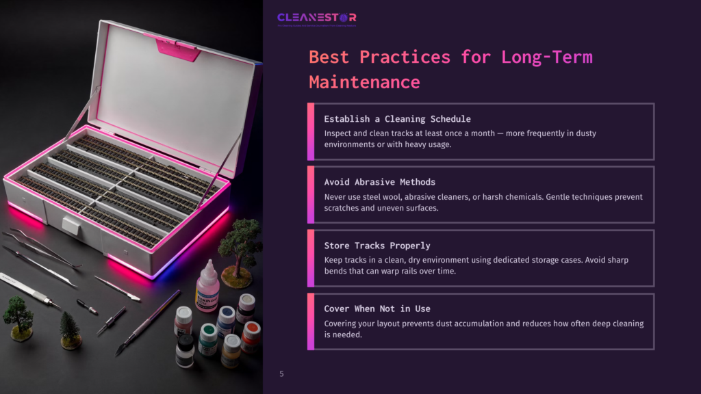 5 Best Practices For Long Term Maintenance 1 Cleanestor Logo And &Quot;Best Practices For Long-Term Maintenance&Quot; Text Overlaying A Well-Organized Model Train Track Storage Case Filled With Tracks And Accessories, Illuminated By Pink And Blue Led Lights.