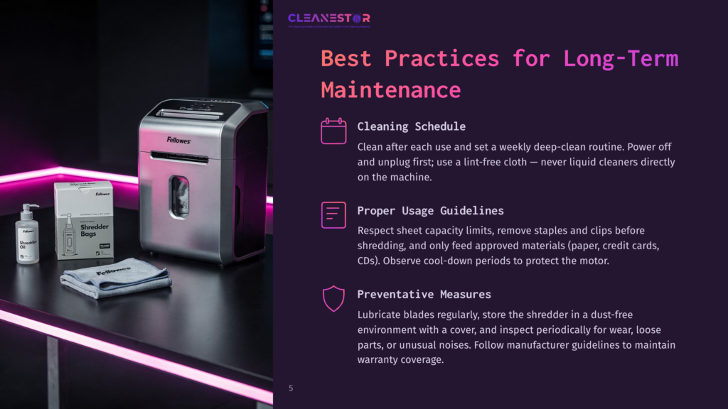 A Silver Fellowes Shredder Sits Next To A Bottle Of Shredder Oil And Shredder Bags, With A Cleaning Cloth In The Foreground. Text On The Image Reads &Quot;Cleanestor Best Practices For Long-Term Maintenance&Quot;.