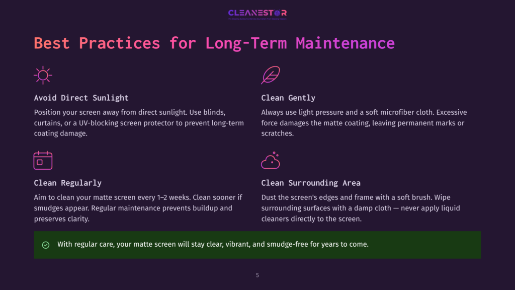 Infographic With &Quot;Best Practices For Long-Term Maintenance&Quot; Title, Detailing How To Care For A Matte Screen. Tips Include Avoiding Direct Sunlight, Cleaning Gently, Cleaning Regularly, And Cleaning The Surrounding Area, With A Final Note That Proper Care Keeps The Screen Vibrant And Smudge-Free.
