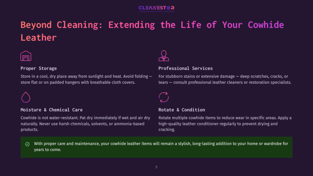 5 Beyond Cleaning Extending The Life Of Your Cowhide Leather Infographic Detailing How To Extend The Life Of Cowhide Leather With &Quot;Beyond Cleaning: Extending The Life Of Your Cowhide Leather&Quot; Title, Featuring Icons For Storage, Moisture Care, Professional Services, And Rotation.