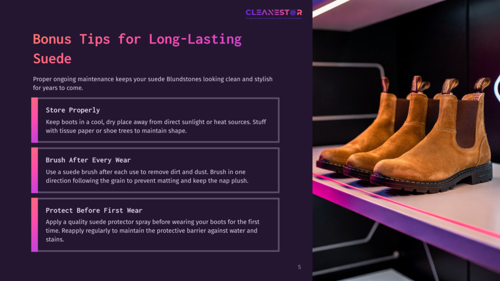 Three Pairs Of Tan Suede Blundstone Boots Sit On A Purple Shelf, With The Text &Quot;Bonus Tips For Long-Lasting Suede&Quot; And &Quot;Store Properly&Quot; Visible On The Left.