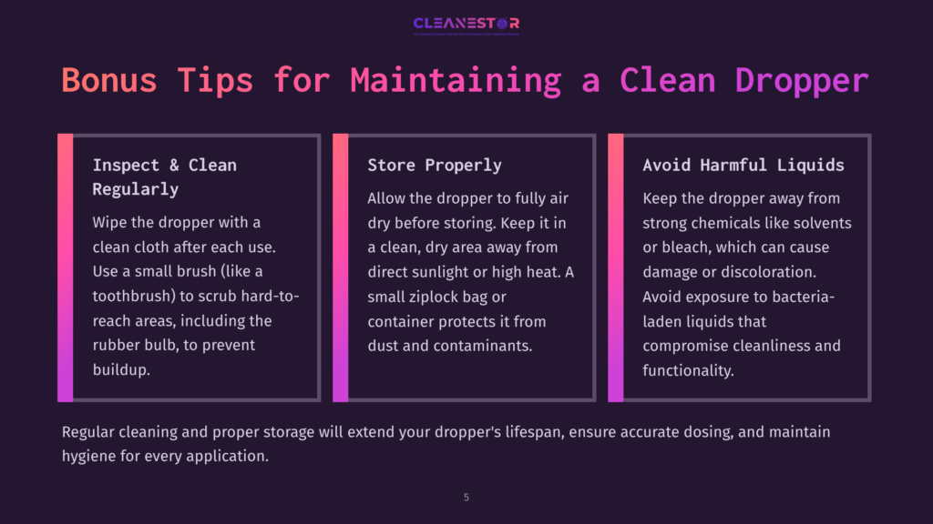 Bonus Tips For Maintaining A Clean Dropper: Inspect &Amp; Clean Regularly, Store Properly, Avoid Harmful Liquids. White Text On A Dark Purple Background.