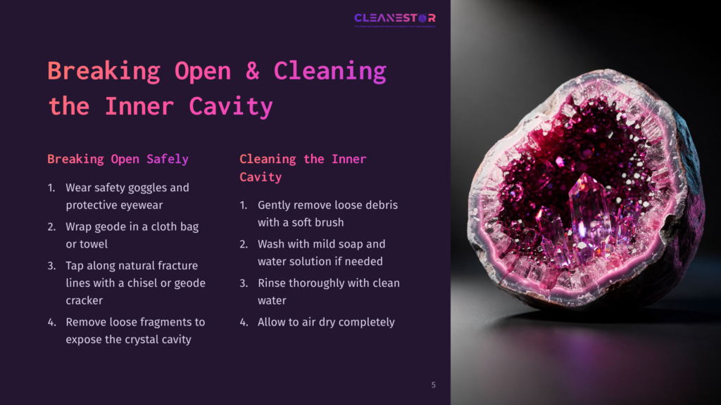 A Geode With Sparkling Purple And Pink Crystals Filling Its Inner Cavity, Illuminated From Within. Text On The Left Provides Instructions For &Quot;Breaking Open Safely&Quot; And &Quot;Cleaning The Inner Cavity&Quot;.