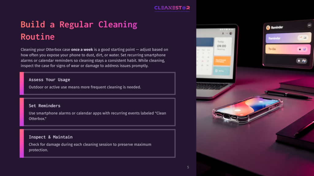 A Modern Laptop Displays A Calendar App With A 09:00 Meeting Reminder, Next To A Smartphone Showing A &Quot;Reminder&Quot; Notification. A Clear Otterbox Phone Case Rests In The Foreground, On A Dark Surface, With The Text &Quot;Build A Regular Cleaning Routine&Quot; And Cleaning Tips Visible On The Left.