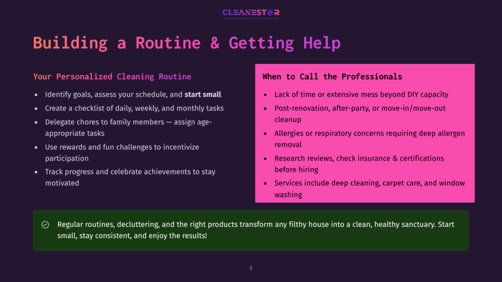 Infographic Titled &Quot;Building A Routine &Amp; Getting Help&Quot; With A Dark Purple Background. It Includes Sections Titled &Quot;Your Personalized Cleaning Routine&Quot; And &Quot;When To Call The Professionals&Quot; With Bullet Points Detailing Tasks And Situations For Professional Cleaning Services. The Infographic Also Includes A Motivational Quote About The Benefits Of Regular Cleaning Routines.