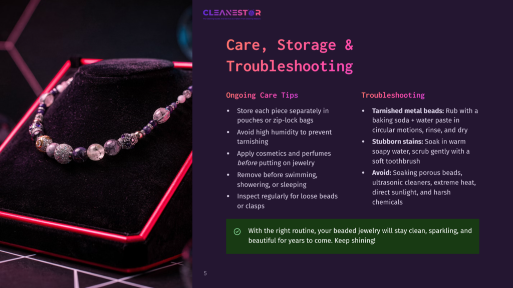 A Close-Up Image Shows A Beaded Necklace Resting On A Black Velvet Jewelry Bust. Text Overlays Provide Care And Troubleshooting Tips For Beaded Jewelry, Including &Quot;Care, Storage &Amp; Troubleshooting&Quot; And &Quot;Ongoing Care Tips.