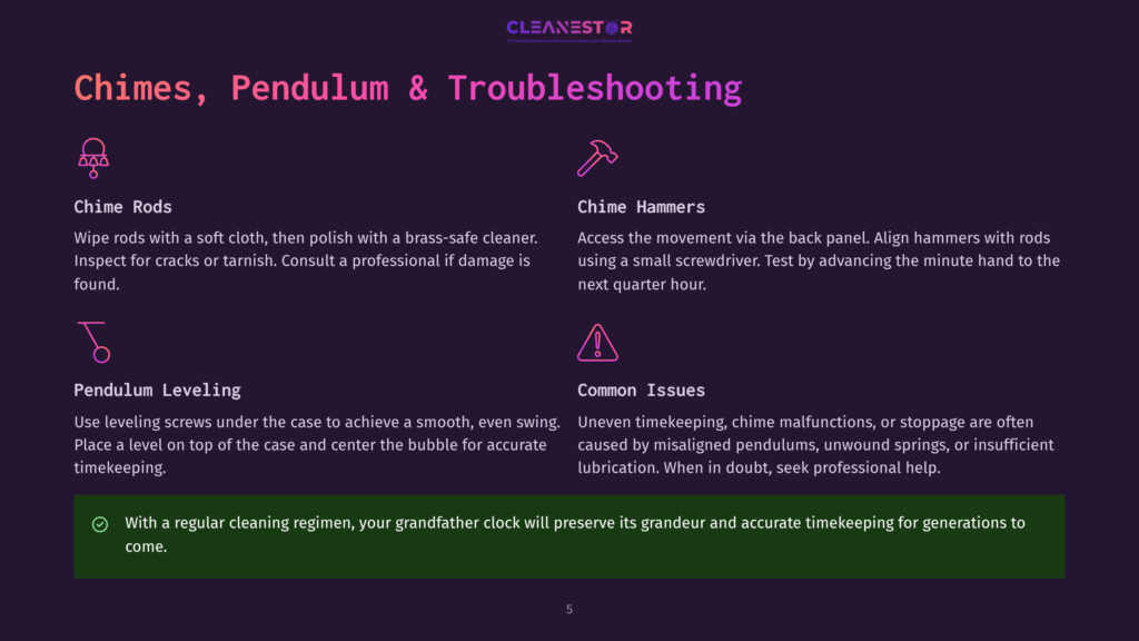 A Webpage With A Dark Background Displays Sections About Chime Rods, Chime Hammers, Pendulum Leveling, And Common Issues. The Section On Chime Rods Instructs Users To Wipe With A Soft Cloth, Polish, And Inspect For Cracks. The Section On Chime Hammers Explains Accessing The Movement Via The Back Panel, Aligning With Rods Using A Small Screwdriver, And Testing By Advancing The Minute Hand. The Pendulum Leveling Section Advises Using Leveling Screws For A Smooth Swing, Placing A Level On The Case Top And Center, And Adjusting The Bubble For Accuracy. The Common Issues Section Lists Uneven Timekeeping, Chiming Malfunctions, And Stoppage As Potential Problems.