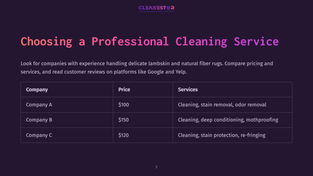 5 Choosing A Professional Cleaning Service A Table Comparing Three Cleaning Services: Company A ($100, Cleaning, Stain Removal, Odor Removal), Company B ($150, Cleaning, Deep Conditioning, Mothproofing), And Company C ($120, Cleaning, Stain Protection, Re-Fringing). The Header Reads &Quot;Choosing A Professional Cleaning Service.