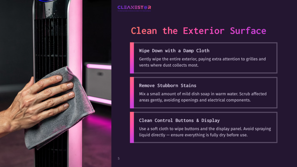 Close-Up Of A Hand In A Grey Microfiber Cloth Wiping Down A Tall, White, Modern Air Purifier With Purple Led Lighting. Text Overlay: &Quot;Clean The Exterior Surface,&Quot; &Quot;Wipe Down With A Damp Cloth,&Quot; &Quot;Remove Stubborn Stains,&Quot; &Quot;Clean Control Buttons &Amp; Display.