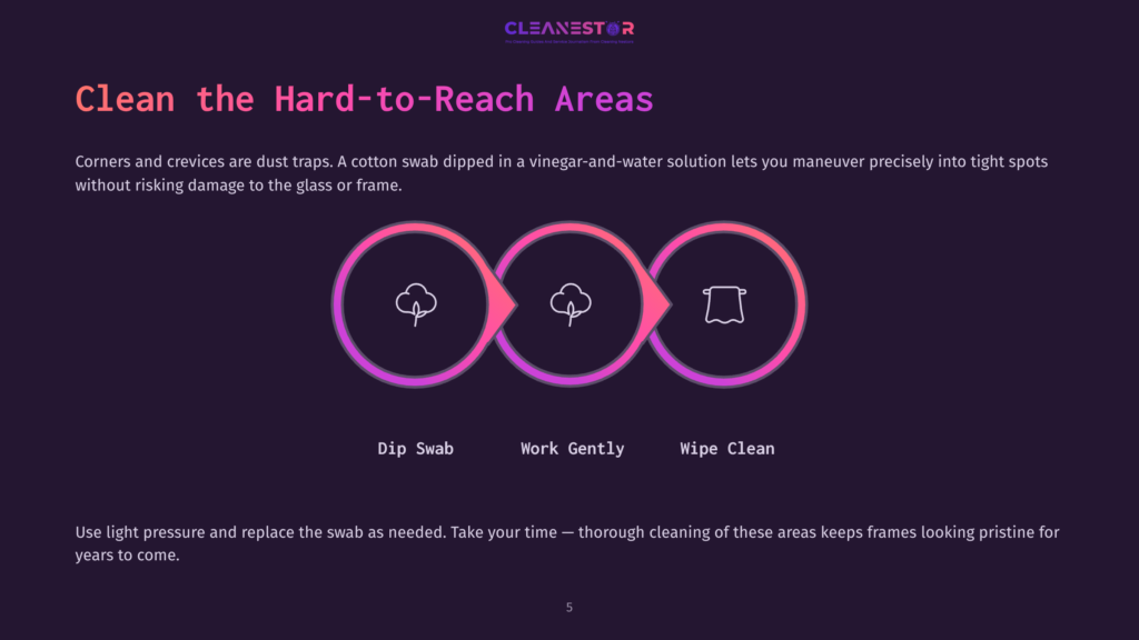 Diagram Showing Three Circular Icons With Gradient Purple And Pink Borders, Illustrating A Three-Step Cleaning Process: 'Dip Swab', 'Work Gently', And 'Wipe Clean', With Text About Cleaning Hard-To-Reach Areas.