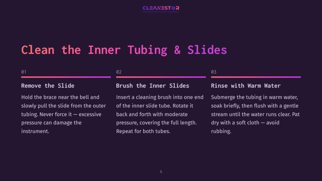 5 Clean The Inner Tubing And Slides Instructions For Cleaning Brass Instruments: 1. Remove The Slide. 2. Brush The Inner Slides. 3. Rinse With Warm Water. Text Is Presented On A Dark Purple Background With Purple And Pink Accent Lines.