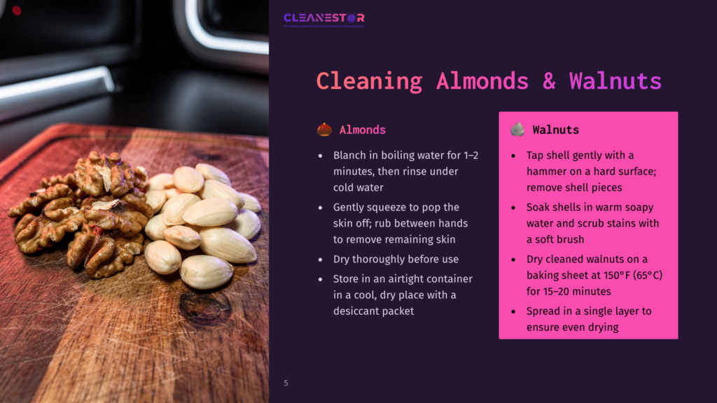 Close-Up Of Blanched Almonds And Whole Walnuts On A Rustic Wooden Cutting Board. The Almonds Are Pale And Plump, While The Walnuts Show Their Textured Shells. Text Overlay Reads &Quot;Cleanestor Cleaning Almonds &Amp; Walnuts&Quot;.