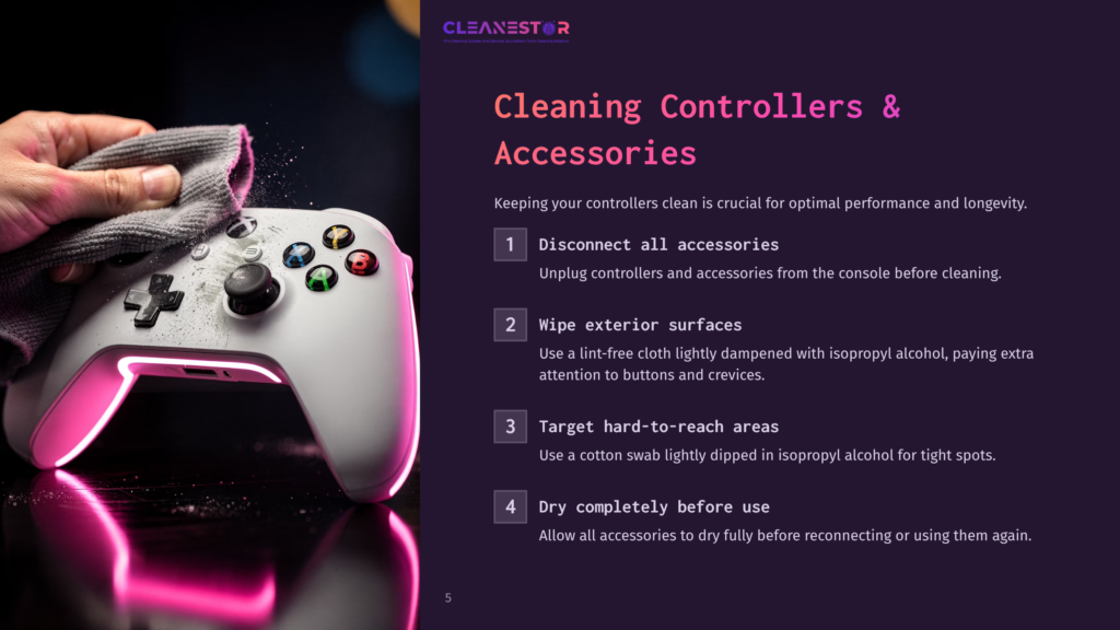 5 Cleaning Controllers And Accessories Close-Up Of A Hand Cleaning A White Video Game Controller With A Grey Microfiber Cloth, Highlighting The Cleaning Process For Controllers And Accessories.