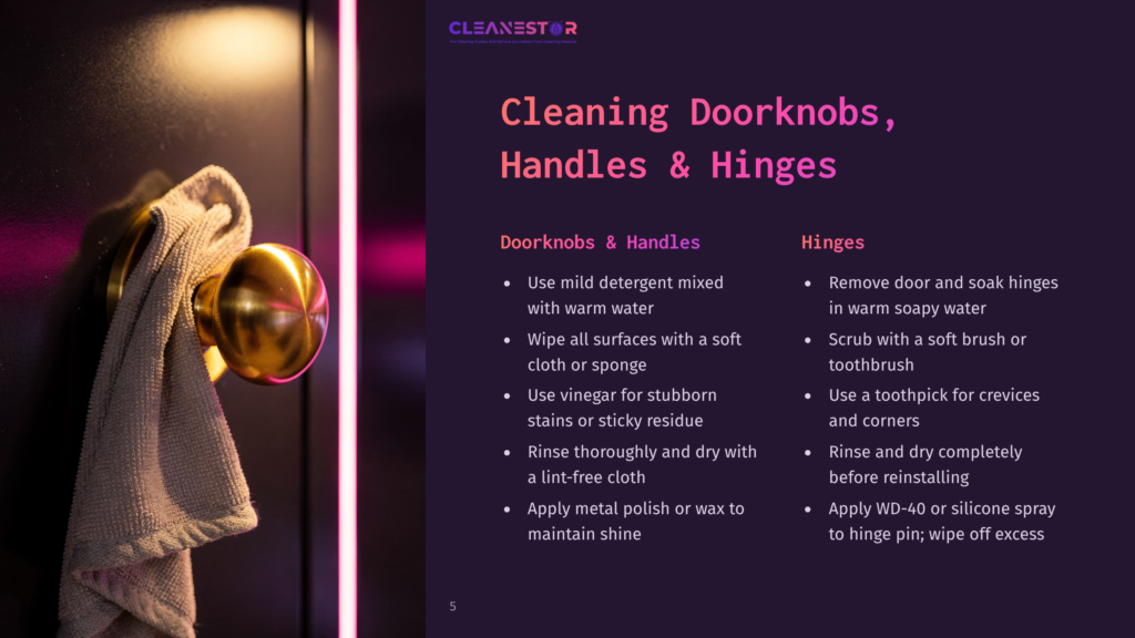 5 Cleaning Doorknobs Handles And Hinges Close-Up Of A Shiny Gold Doorknob And Handle On A Dark Door, With A Beige Towel Draped Over The Handle. Text Overlay Reads &Quot;Cleanestor&Quot; And &Quot;Cleaning Doorknobs, Handles &Amp; Hinges&Quot;.