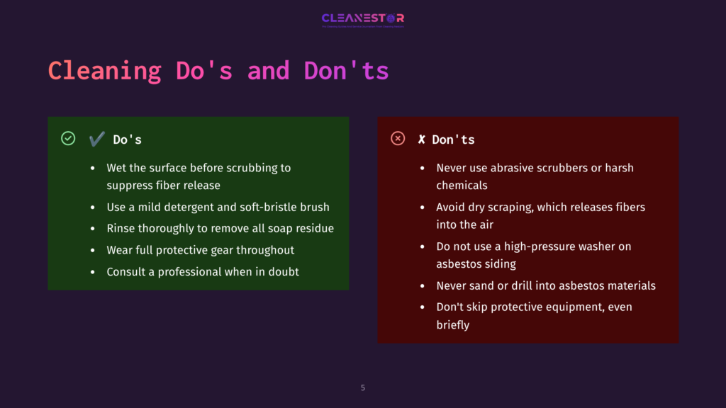 5 Cleaning Dos And Donts Infographic Titled &Quot;Cleaning Do'S And Don'Ts&Quot; With A Green Section Listing &Quot;Do'S&Quot; Like Wetting Surfaces And Using Mild Detergent, And A Red Section Listing &Quot;Don'Ts&Quot; Like Using Abrasive Scrubbers And High-Pressure Washers.