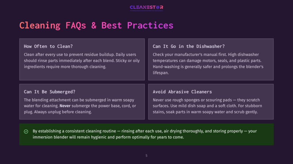 A Screenshot Of A Webpage Featuring Cleaning Faqs And Best Practices For An Immersion Blender, Including Guidelines On Frequency Of Cleaning, Submerging The Blender, And Avoiding Abrasive Cleaners. The Background Is A Sleek, Modern Design With Text In Bold, Black Font On A White Background.