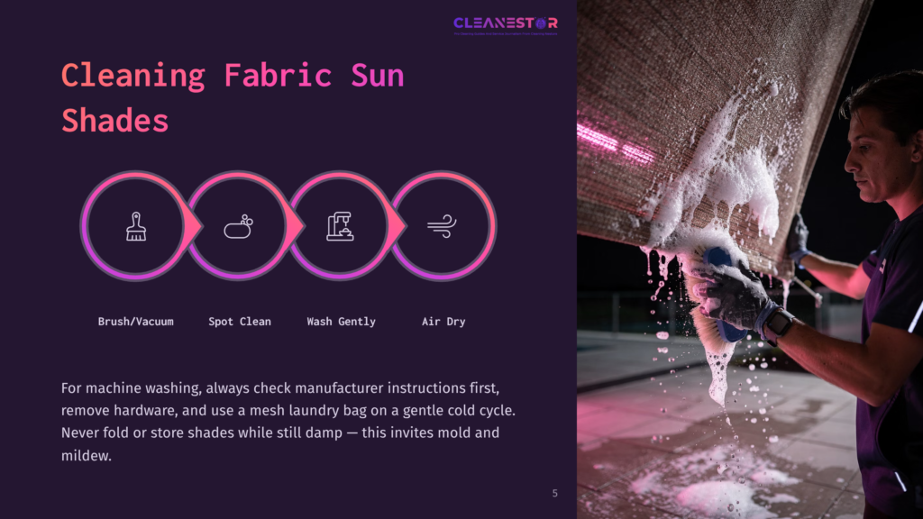 5 Cleaning Fabric Sun Shades Cleanestor Logo And Instructions For Cleaning Fabric Sun Shades: Brush/Vacuum, Spot Clean, Wash Gently, Air Dry. A Man Is Shown Cleaning A Sun Shade With A Brush And Soap.