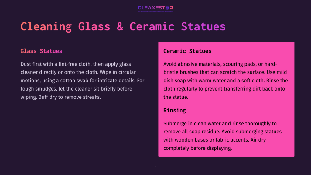 Cleaning Glass &Amp; Ceramic Statues: Instructions For Cleaning Glass Statues With A Lint-Free Cloth And Cleaner, And Ceramic Statues With Mild Soap And A Soft Cloth. Includes Rinsing Instructions.