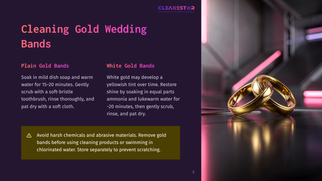 5 Cleaning Gold Wedding Bands Two Gleaming Gold Wedding Bands, One Yellow And One White, Rest On A Dark, Reflective Surface With Blurred Purple And Pink Neon Lights In The Background.