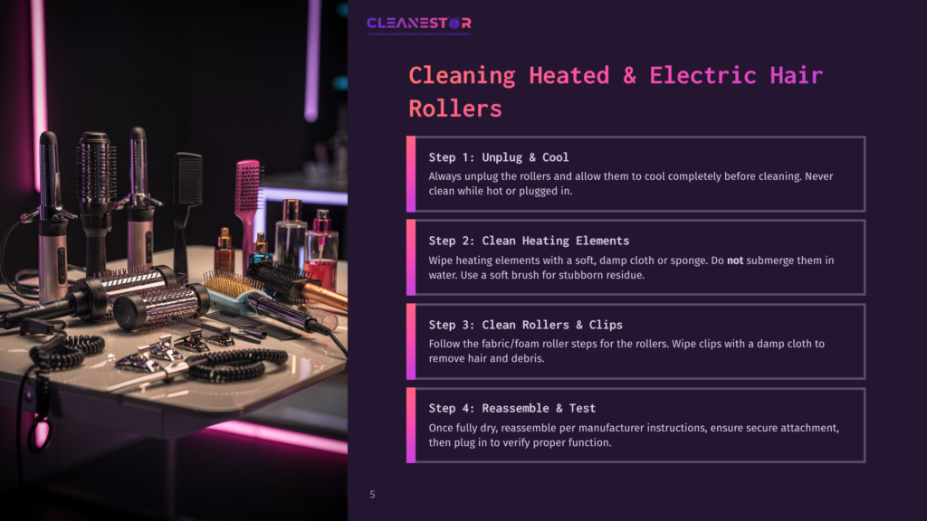 5 Cleaning Heated And Electric Hair Rollers Cleanestor Logo And Instructions For Cleaning Heated &Amp; Electric Hair Rollers, With A Background Image Of Various Hair Styling Tools Like Curling Irons And Brushes.