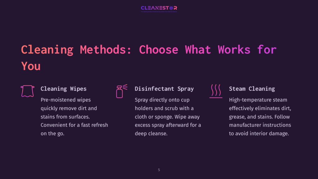 A Dark Purple Graphic With The Title &Quot;Cleaning Methods: Choose What Works For You&Quot; And Three Icons: Cleaning Wipes, Disinfectant Spray, And Steam Cleaning, Each With A Brief Description.