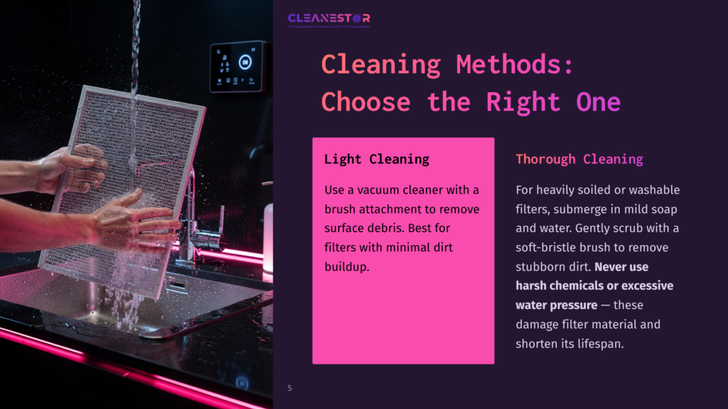 Close-Up Of A Person'S Hands Rinsing A Greasy Range Hood Filter Under A Running Faucet, With A Digital Control Panel Visible In The Background And Text Overlay: &Quot;Cleaning Methods: Choose The Right One&Quot;.