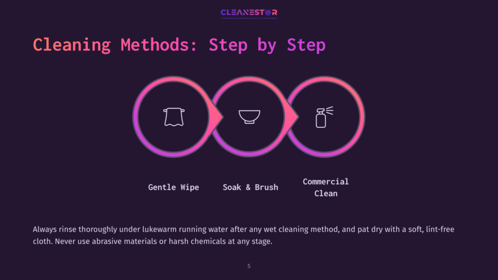 Infographic Illustrating Three Cleaning Methods: Gentle Wipe, Soak &Amp; Brush, And Commercial Clean, With Icons Representing Each Step. Text Reads &Quot;Cleaning Methods: Step By Step.