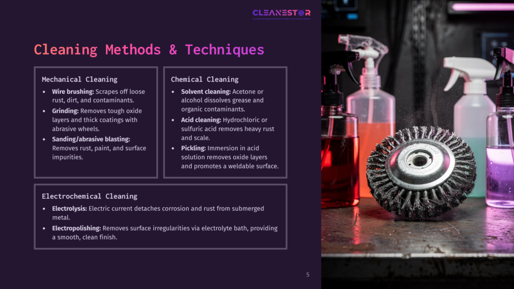 Cleaning Methods &Amp; Techniques Slide: Mechanical Cleaning (Wire Brushing, Grinding, Sanding/Abrasive Blasting), Chemical Cleaning (Solvent Cleaning, Acid Cleaning, Pickling), And Electrochemical Cleaning (Electrolysis, Electropolishing). A Wire Brush Wheel Is Featured Prominently.