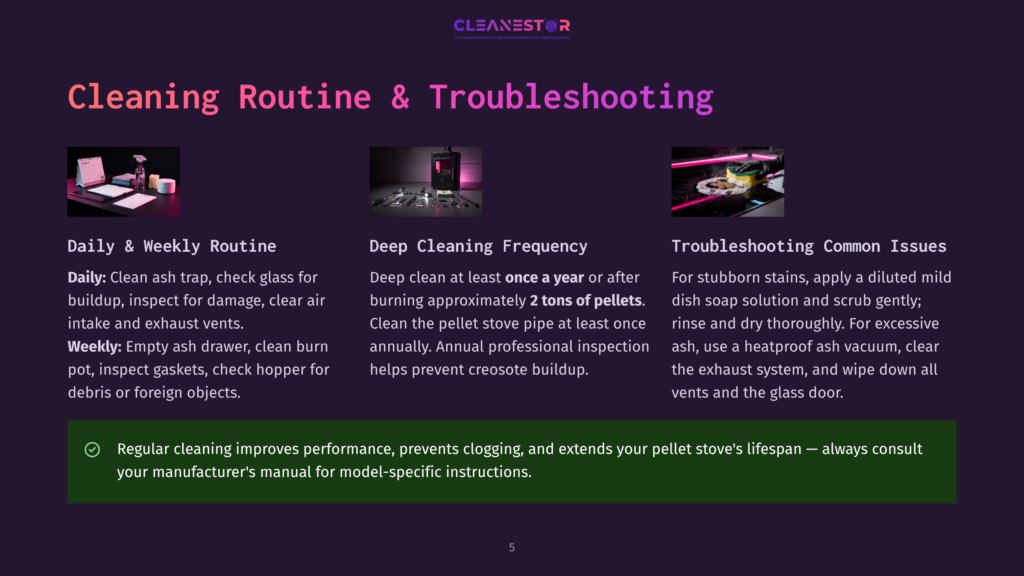 Infographic Detailing A Pellet Stove Cleaning Routine: Daily &Amp; Weekly Tasks, Deep Cleaning Frequency Based On Pellet Usage, And Troubleshooting Common Issues. Includes The Text &Quot;Cleanestor&Quot; And &Quot;Cleaning Routine &Amp; Troubleshooting.