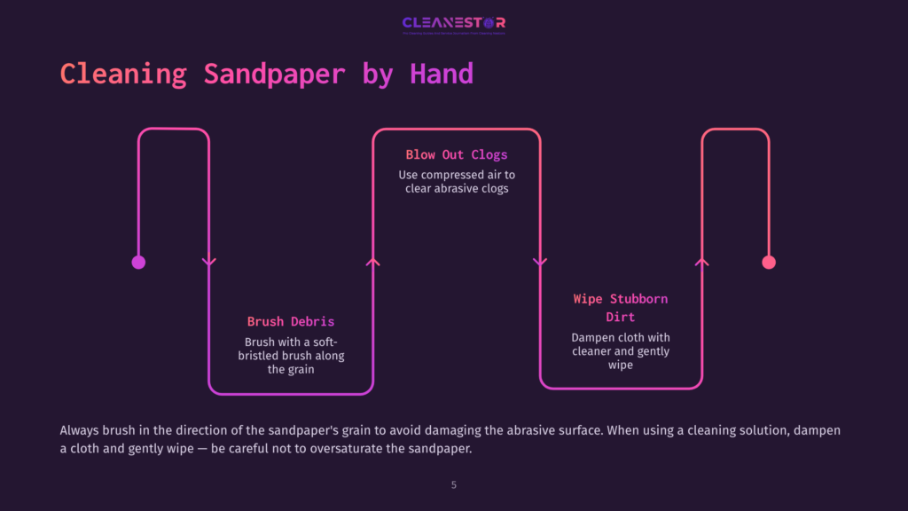 5 Cleaning Sandpaper By Hand Diagram Illustrating How To Clean Sandpaper By Hand: Brush Debris, Blow Out Clogs With Compressed Air, And Wipe Stubborn Dirt With A Damp Cloth. The Text Emphasizes Brushing With The Grain And Avoiding Oversaturation.
