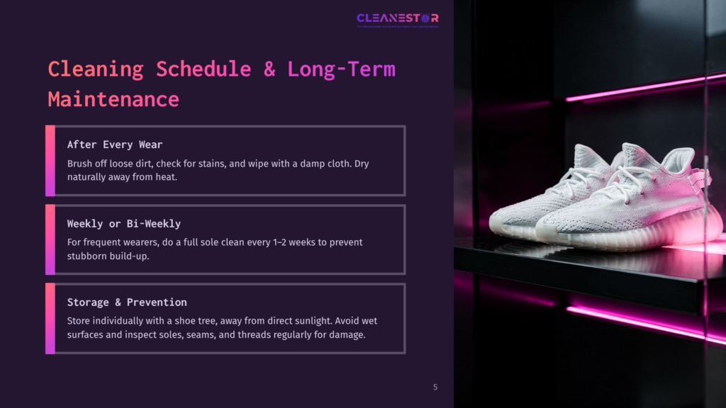 5 Cleaning Schedule And Long Term Maintenance White Athletic Sneakers With Intricate Knit Uppers Are Displayed On A Shelf With Vibrant Pink Lighting, Next To A Cleaning Schedule For Long-Term Maintenance.